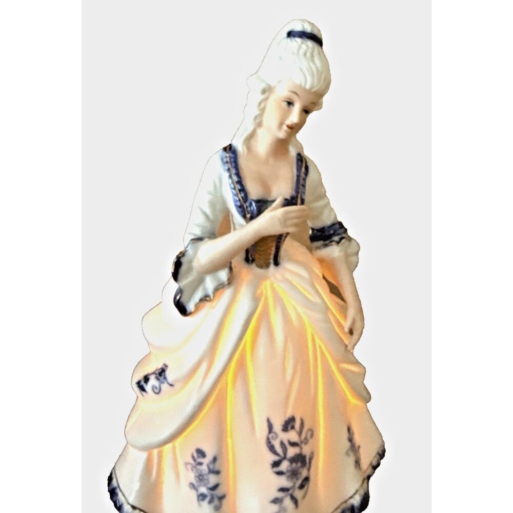 VTG Nightlight HAND-PAINTED PORCELAIN VICTORIAN LADY FIGURINE Blue White 8.5”
